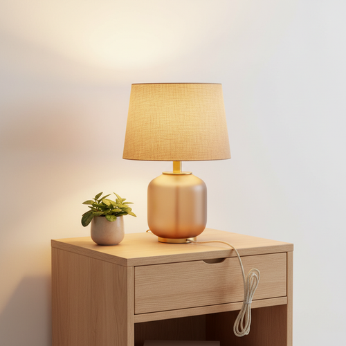 Amber Glow Table Lamp with warm fabric shade on a wooden nightstand