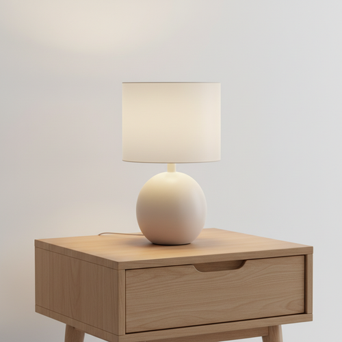 Cream Ceramic Bedside Lamp with ceramic base and white cotton shade on a modern nightstand