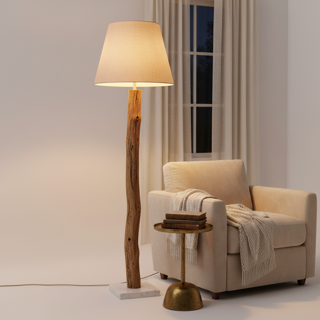 Rustic Wooden Floor Lamp with natural wood grain base and linen shade